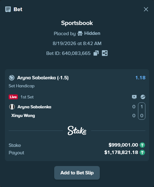 Bet slip: Aryna Sabalenka - Xinyu Wang, $1,000,000.00 stake at 1.18 odds, placed by Hidden
