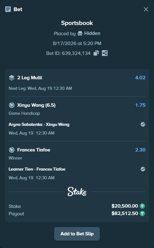 Bet slip: Aryna Sabalenka - Xinyu Wang, $20,520.50 stake at 1.75 odds, placed by Hidden