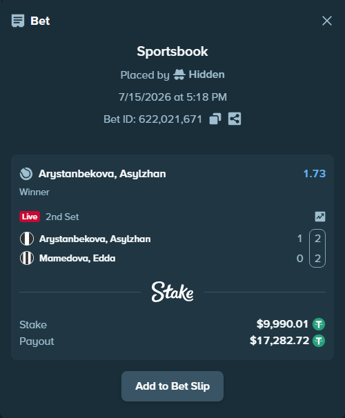 Bet slip: Arystanbekova, Asylzhan - Mamedova, Edda, $10,000.00 stake at 1.73 odds, placed by Hidden
