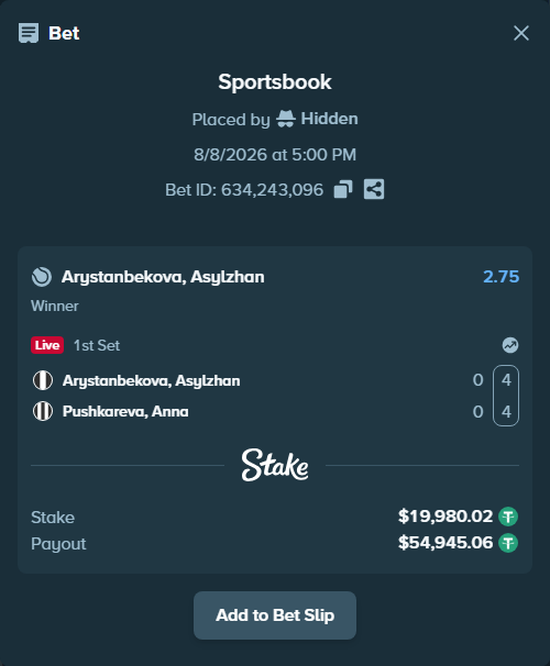Bet slip: Arystanbekova, Asylzhan - Pushkareva, Anna, $20,000.00 stake at 2.75 odds, placed by Hidden