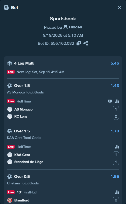 Bet slip: AS Monaco - Lens, $44,441.00 stake at 1.43 odds, placed by Hidden