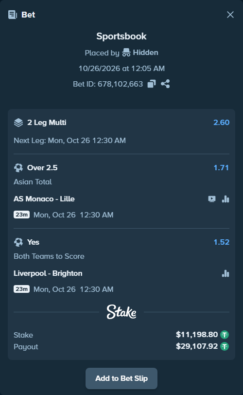 Bet slip: AS Monaco - Lille, $11,210.00 stake at 1.71 odds, placed by Hidden