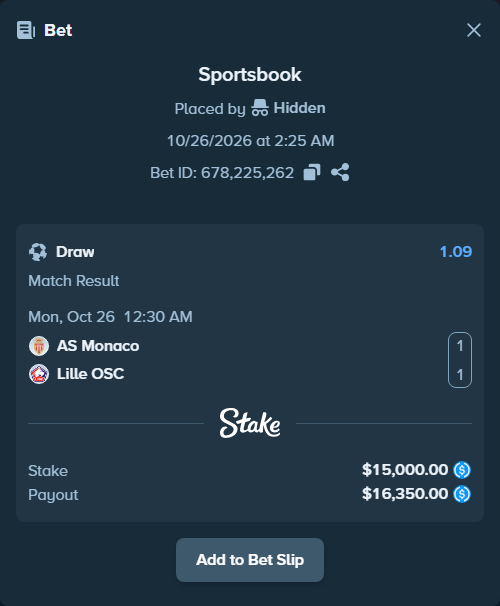 Bet slip: AS Monaco - Lille, $15,000.00 stake at 1.09 odds, placed by Charskjerdal
