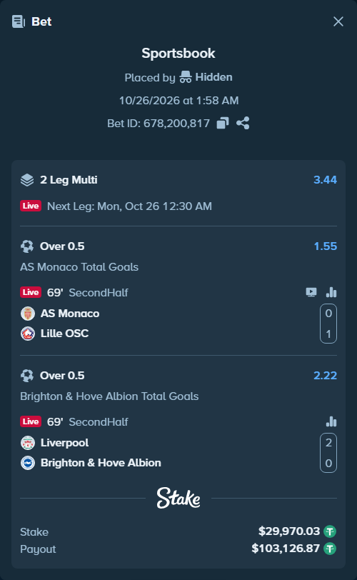 Bet slip: AS Monaco - Lille, $30,000.00 stake at 1.55 odds, placed by Hidden