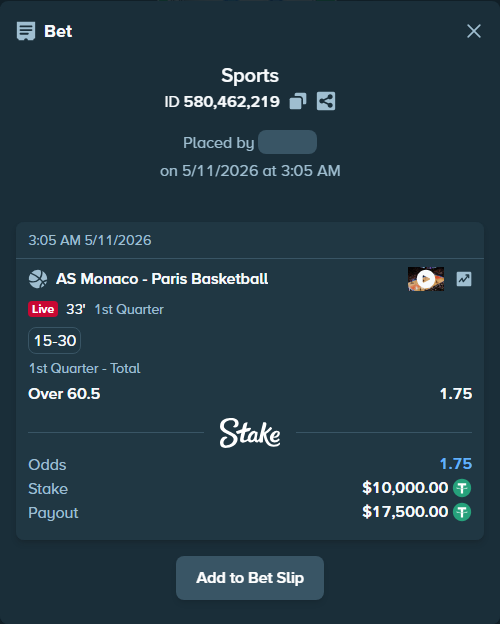 Bet slip: AS Monaco - Paris Basketball, $10,000.00 stake at 1.75 odds, placed by Kriski99