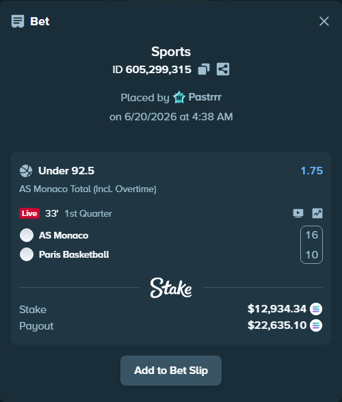 Bet slip: AS Monaco - Paris Basketball, $13,501.51 stake at 1.75 odds, placed by Pastrrr