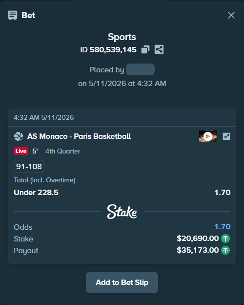 Bet slip: AS Monaco - Paris Basketball, $20,690.00 stake at 1.70 odds, placed by Kriski99