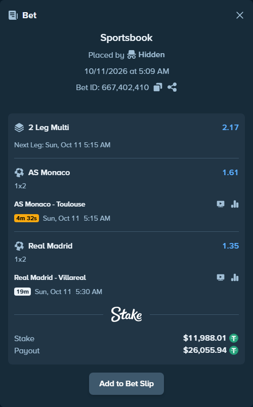 Bet slip: AS Monaco - Toulouse, $12,000.00 stake at 1.61 odds, placed by ashaark