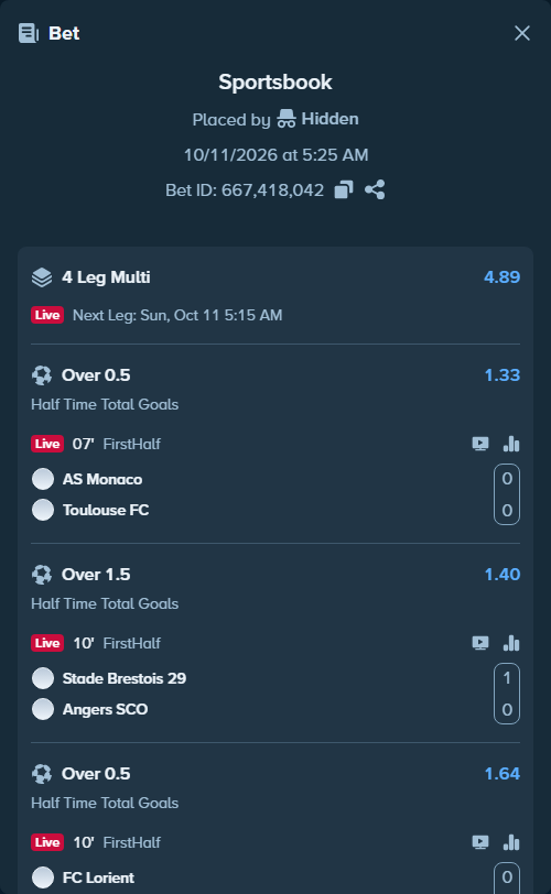 Bet slip: AS Monaco - Toulouse, $250,250.00 stake at 1.33 odds, placed by Hidden
