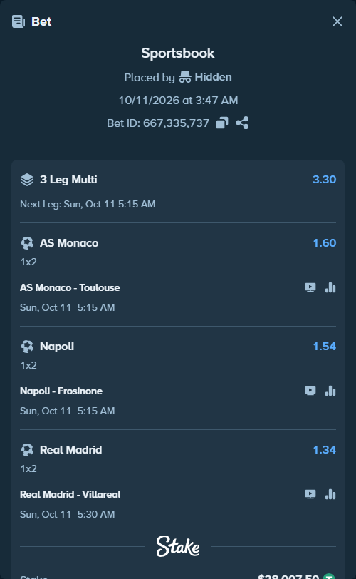 Bet slip: AS Monaco - Toulouse, $28,035.51 stake at 1.60 odds, placed by tqiforcat