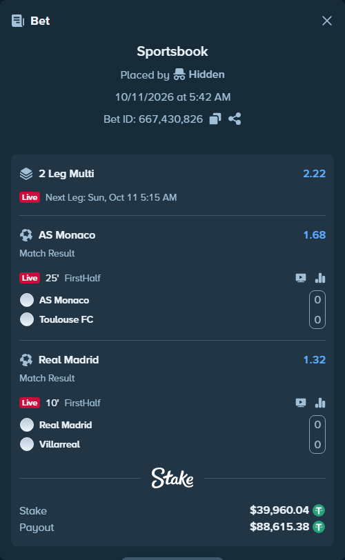 Bet slip: AS Monaco - Toulouse, $40,000.00 stake at 1.68 odds, placed by Hidden
