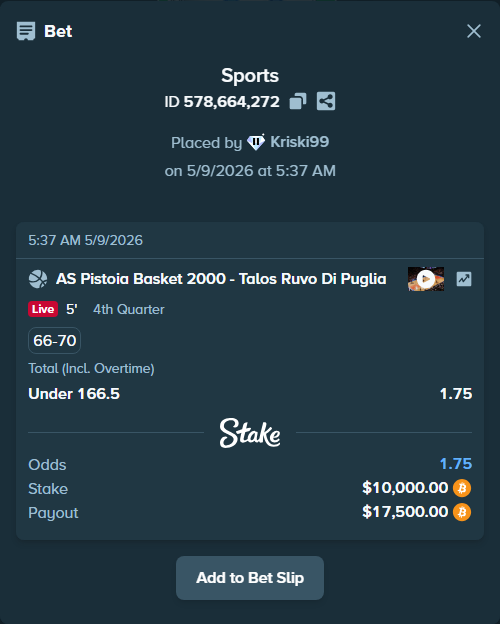 Bet slip: AS Pistoia Basket 2000 - Pallacanestro Ruvo di Puglia, $8,028.82 stake at 1.75 odds, placed by Kriski99