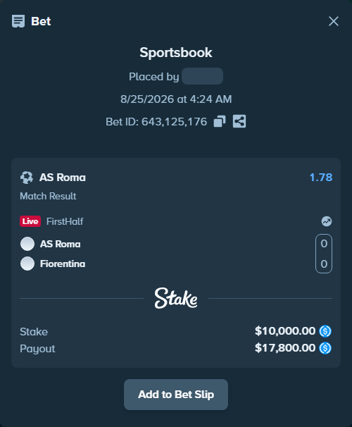 Bet slip: AS Roma - Fiorentina, $10,000.00 stake at 1.78 odds, placed by Ugresset