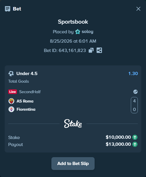 Bet slip: AS Roma - Fiorentina, $10,000.00 stake at 1.30 odds, placed by soloy