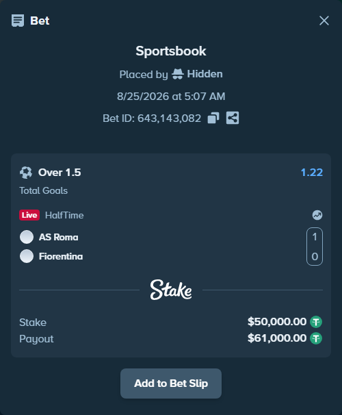 Bet slip: AS Roma - Fiorentina, $50,000.00 stake at 1.22 odds, placed by Hidden