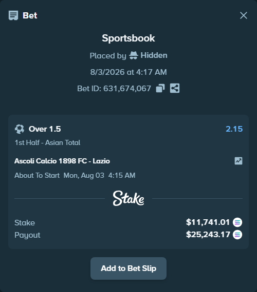 Bet slip: Ascoli Calcio 1898 - Lazio, $11,620.84 stake at 2.15 odds, placed by Hidden