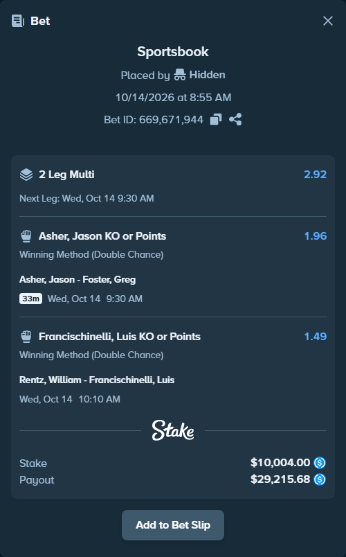 Bet slip: Asher, Jason - Foster, Greg, $10,004.00 stake at 1.96 odds, placed by MrDivinity