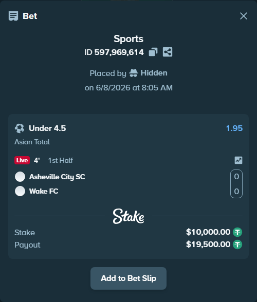 Bet slip: Asheville City SC - Wake FC, $10,000.00 stake at 1.95 odds, placed by Hidden