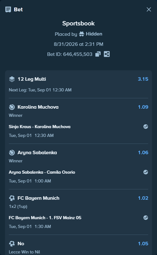 Bet slip: Ashlyn Krueger - Amanda Anisimova, $10,062.65 stake at 1.16 odds, placed by Hidden