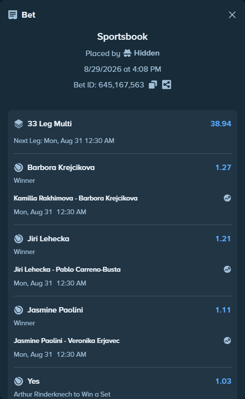 Bet slip: Ashlyn Krueger - Amanda Anisimova, $15,601.00 stake at 1.15 odds, placed by Hidden