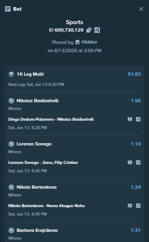 Bet slip: Ashlyn Krueger - Darja Vidmanova, $26,019.75 stake at 1.30 odds, placed by Hidden