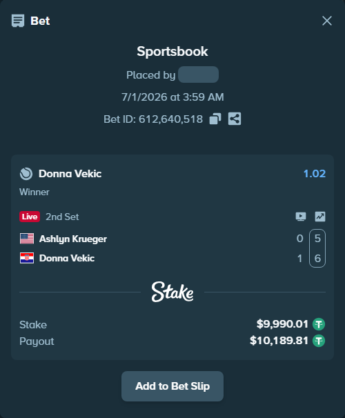 Bet slip: Ashlyn Krueger - Donna Vekic, $10,000.00 stake at 1.02 odds, placed by Ariel107