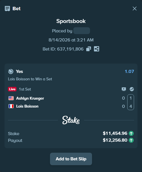 Bet slip: Ashlyn Krueger - Lois Boisson, $11,466.41 stake at 1.07 odds, placed by RyazheniyPetuh