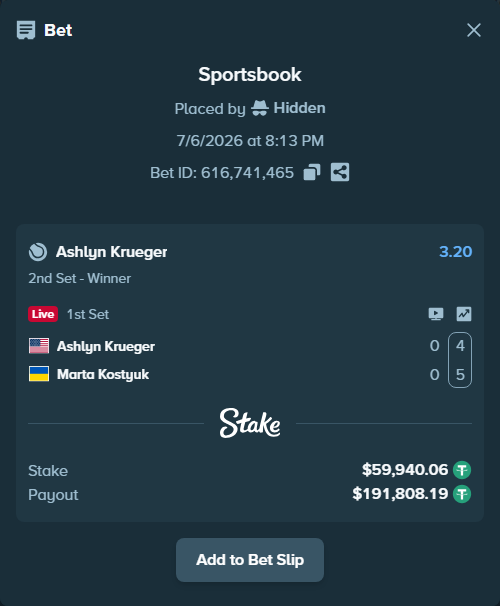 Bet slip: Ashlyn Krueger - Marta Kostyuk, $60,000.00 stake at 3.20 odds, placed by Hidden