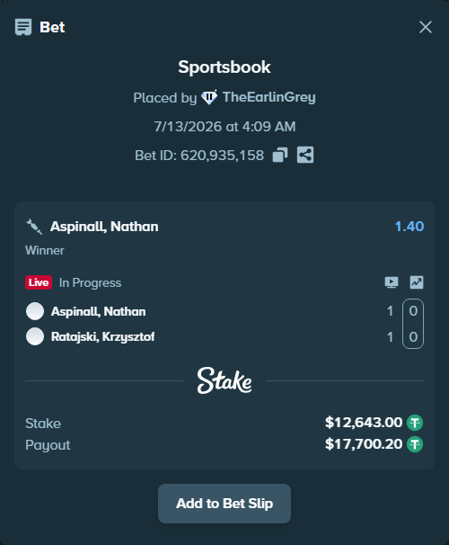Bet slip: Aspinall, Nathan - Ratajski, Krzysztof, $12,655.64 stake at 1.40 odds, placed by TheEarlinGrey