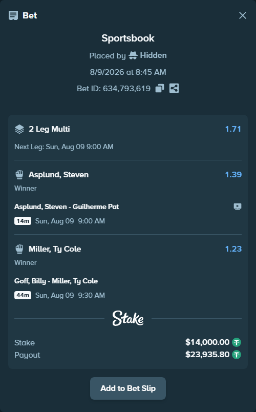 Bet slip: Asplund, Steven - Guilherme Pat, $14,014.00 stake at 1.39 odds, placed by Hidden