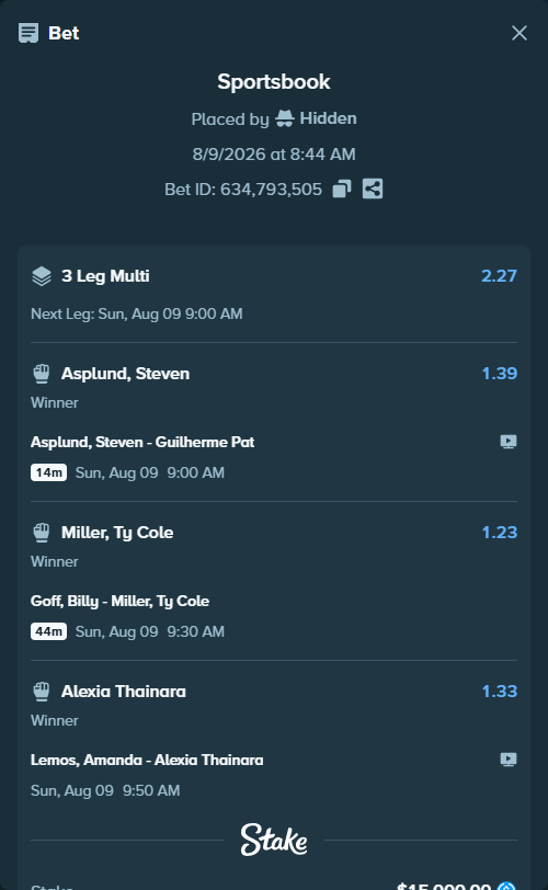 Bet slip: Asplund, Steven - Guilherme Pat, $15,000.00 stake at 1.39 odds, placed by Hidden
