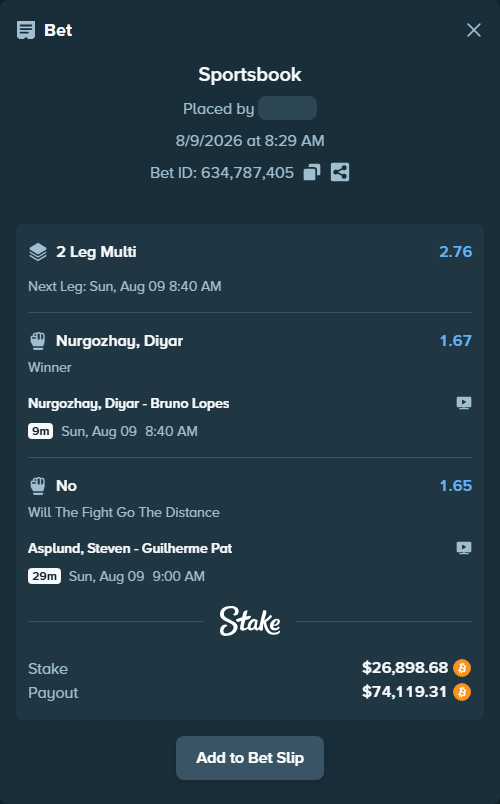Bet slip: Asplund, Steven - Guilherme Pat, $26,892.44 stake at 1.65 odds, placed by theoutlaw