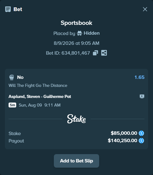 Bet slip: Asplund, Steven - Guilherme Pat, $85,000.00 stake at 1.65 odds, placed by Hidden