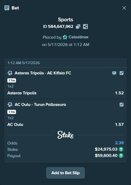 Bet slip: Asteras Tripolis - AE Kifisia FC, $25,000.00 stake at 1.52 odds, placed by Celestinex