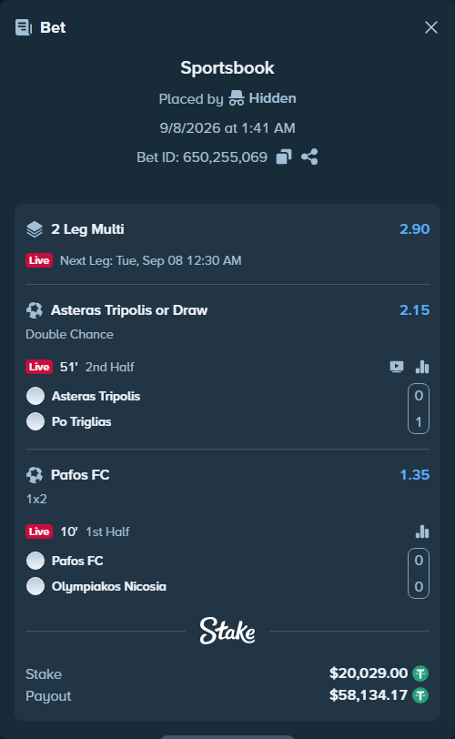 Bet slip: Asteras Tripolis - POT Iraklis, $20,029.00 stake at 2.15 odds, placed by Hidden