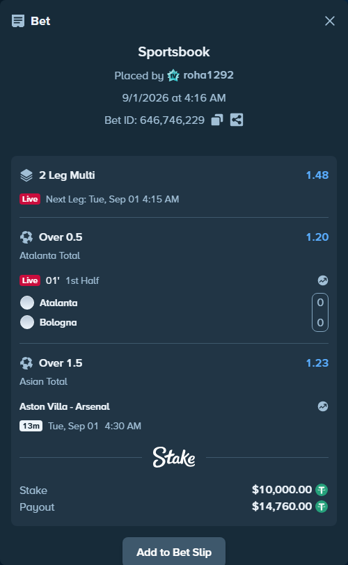 Bet slip: Aston Villa - Arsenal, $10,000.00 stake at 1.23 odds, placed by roha1292