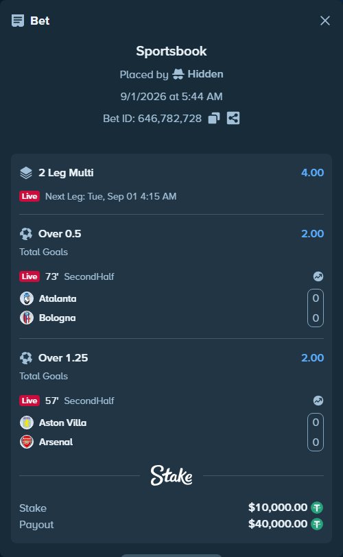Bet slip: Aston Villa - Arsenal, $10,000.00 stake at 2.00 odds, placed by Hidden