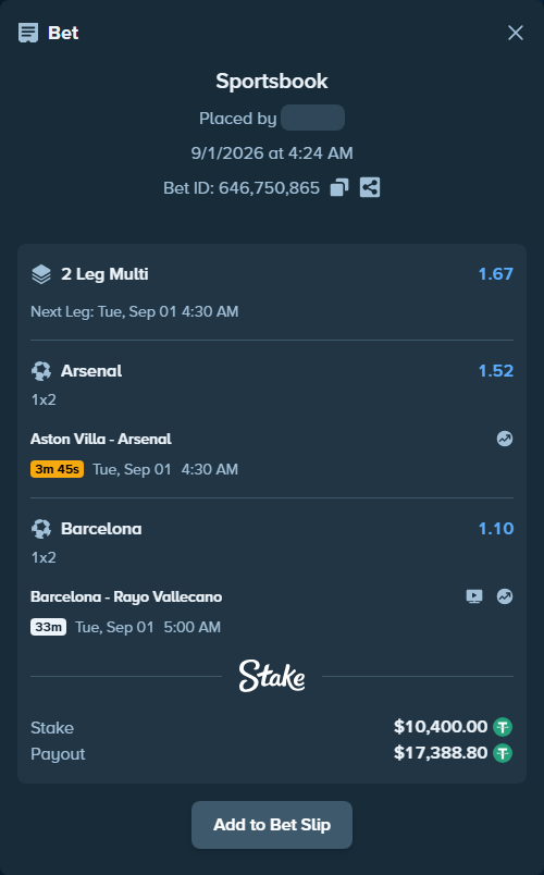 Bet slip: Aston Villa - Arsenal, $10,400.00 stake at 1.52 odds, placed by Samuelabraham1