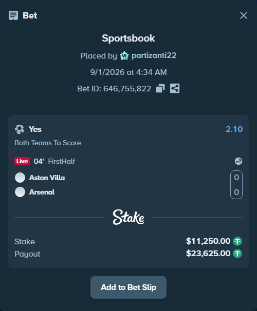 Bet slip: Aston Villa - Arsenal, $11,250.00 stake at 2.10 odds, placed by partizanti22