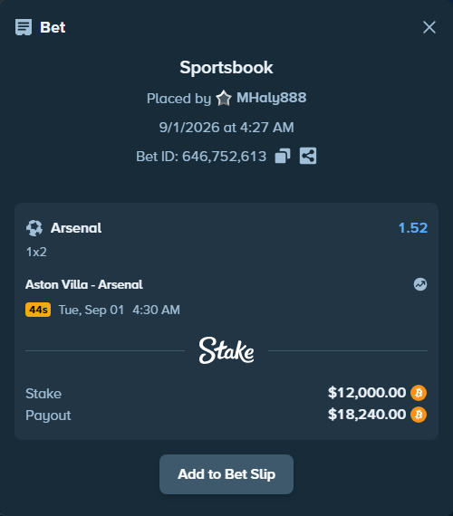 Bet slip: Aston Villa - Arsenal, $11,871.06 stake at 1.52 odds, placed by MHaly888