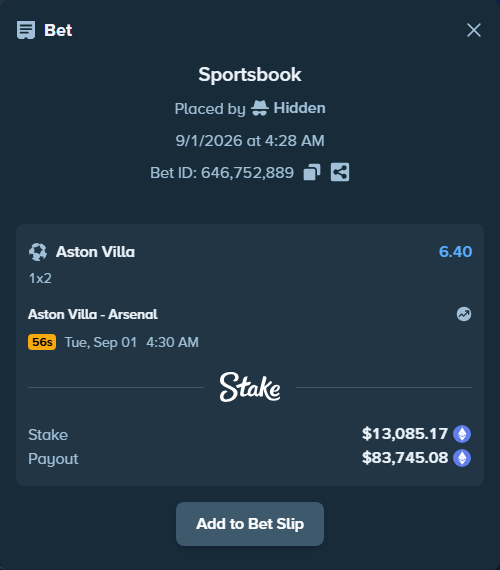 Bet slip: Aston Villa - Arsenal, $12,952.86 stake at 6.40 odds, placed by Hidden