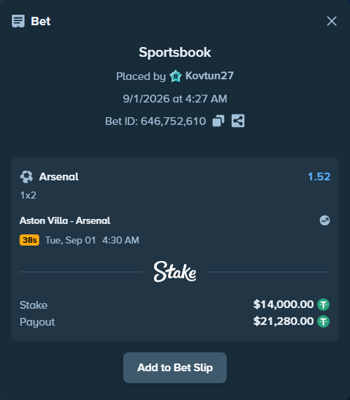 Bet slip: Aston Villa - Arsenal, $14,000.00 stake at 1.52 odds, placed by Kovtun27
