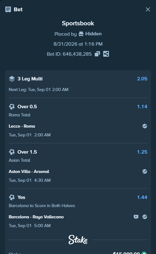 Bet slip: Aston Villa - Arsenal, $15,000.00 stake at 1.25 odds, placed by Hidden