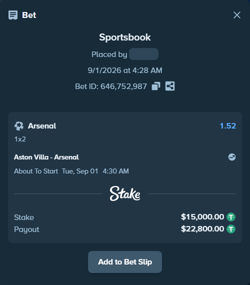 Bet slip: Aston Villa - Arsenal, $15,000.00 stake at 1.52 odds, placed by Petter921
