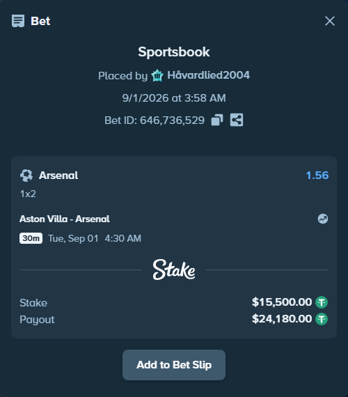 Bet slip: Aston Villa - Arsenal, $15,500.00 stake at 1.56 odds, placed by Håvardlied2004