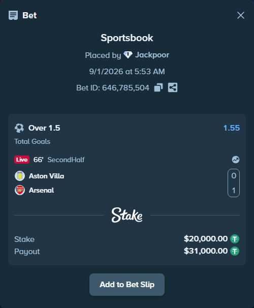 Bet slip: Aston Villa - Arsenal, $20,000.00 stake at 1.55 odds, placed by Jackpoor