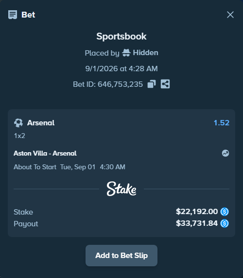 Bet slip: Aston Villa - Arsenal, $22,192.00 stake at 1.52 odds, placed by Hidden