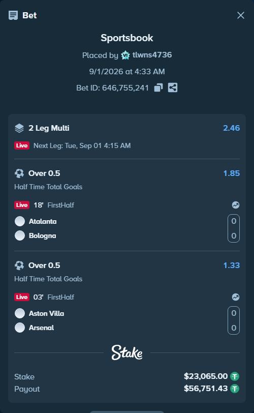 Bet slip: Aston Villa - Arsenal, $23,065.00 stake at 1.33 odds, placed by tlwns4736