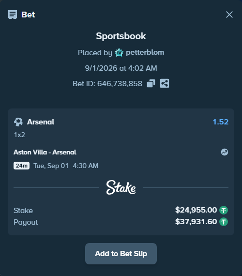 Bet slip: Aston Villa - Arsenal, $24,955.00 stake at 1.52 odds, placed by petterblom