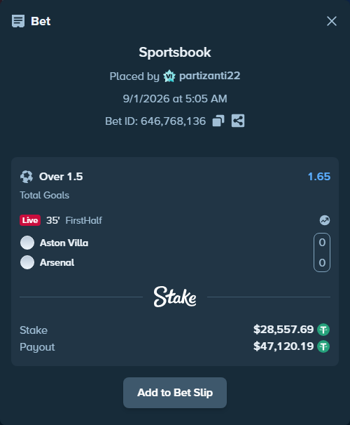 Bet slip: Aston Villa - Arsenal, $28,557.69 stake at 1.65 odds, placed by partizanti22